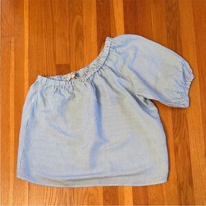 LOFT Blue & White Striped One Shoulder Blouse Size M Puff Sleeve Linen Summer